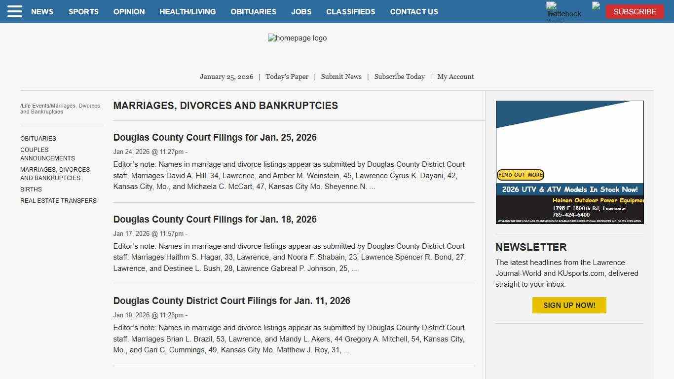 Marriages, Divorces and Bankruptcies News, Sports, Jobs - Lawrence Journal-World: news, information, headlines and events in Lawrence, Kansas